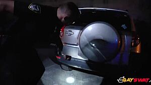 Two Gay Cops Suck and Ride Big Black Cock Outdoors!