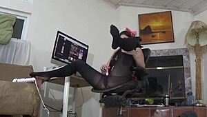 The teacher in skirt and pantyhose gets caught masturbating, then gives oral creampie