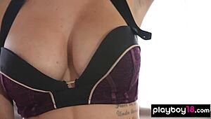 Petite British beauty Rae unveils her large natural boobs for Playboy