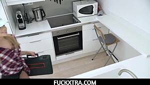 Blonde employee teases new boss with tight sexy shorts