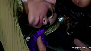 Lucky dude bangs two naughty chicks intensely.