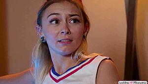 Cheerleaders with big natural tits and no hair shave their twats and tongues