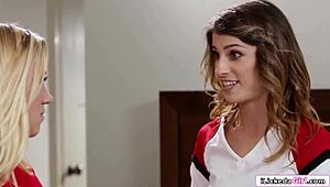 Smiling blonde cheerleader gives great blow job and face sit to teen lesbian