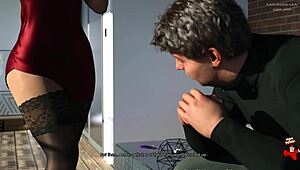 Anna in red dress teases with black stockings in game