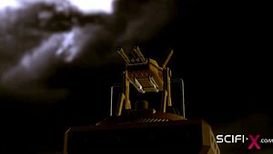 In this sci-fi 3D porn, a young blonde is cuffed in the bunker for extreme BDSM with big cocks and anal