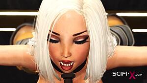 In this sci-fi 3D porn, a young blonde is cuffed in the bunker for extreme BDSM with big cocks and anal