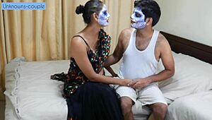 Horny desi couple moans during foreplay licking huge curly cock in close-up