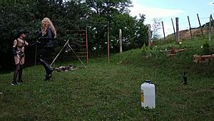 Beth Kinky, Sexy Goth Domina, Trains Shemale Horseman in Public HD Scene!