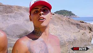 A huge anal scene with a hunk at the beach