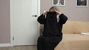 Mature Nun in Strict Uniform Teases with Lingerie and Nylon Stockings for Foot Fetish
