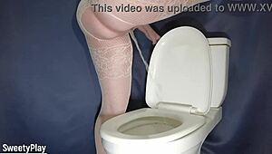 Mature BBW In Pantyhose And Fishnets Peeing Standing On Toilet