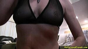 this horny milf with pierced nipples rides visitors in skirt