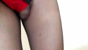 tranny in pantyhose shows amazing legs and hits intense orgasm