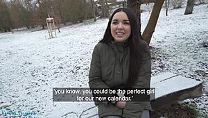 flashing big tits in snowy public