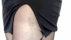 tranny in pantyhose shows amazing legs and hits intense orgasm