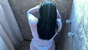 Watching my stepmother’s curvaceous body while she is in the shower