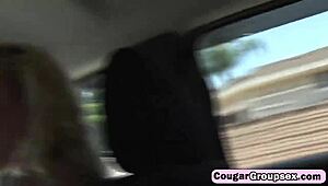 Three Cougars Ride Lucky Stud's Boner on Couch