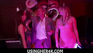 Stepmom pristine edge and stepdaughter eliza eves engage in taboo hardcore blowjob and sex fantasy on new year's eve