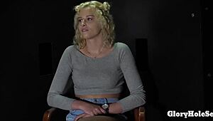 A blonde with long legs sucks the semen from ten cocks