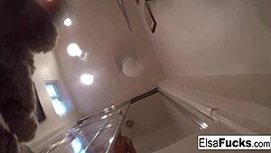 tiny babe elsa jean, a blonde pornstar, gets nude and fingers her hairy pussy, exploring her teen desires