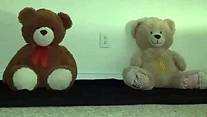 Enjoying Threesome With Furry Toy Bears