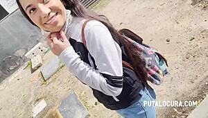 caught on the street, amateur brunette rides old man