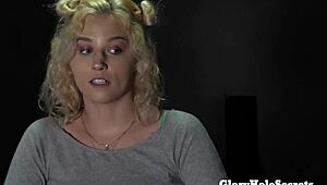 A blonde with long legs sucks the semen from ten cocks