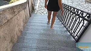 Shaved european wife walking sexy on street