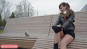 Russian girl in see-through skirt upskirt outdoors