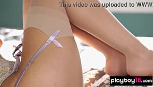 Bombastic small-titted brunette Jeana Turner strips bare for Playboy. Her shaved body teases in a solo softcore show.