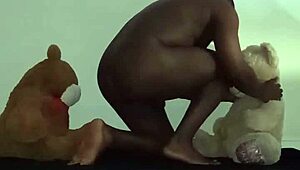 Enjoying Threesome With Furry Toy Bears