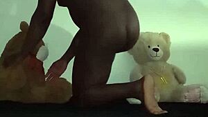 Enjoying Threesome With Furry Toy Bears