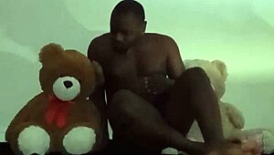 Enjoying Threesome With Furry Toy Bears