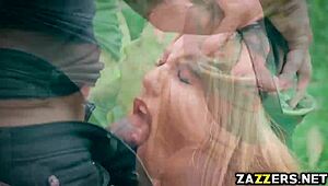 Blonde Desiree Lopez's shaved pussy fucked sideways by Derrick Ferrari