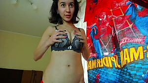 Hey, watch Mylaangel in tight clothes squeezing her big tits and sucking nipples