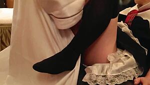 Amateur couple in miniskirt cosplay gets blowjob and creampie on sofa 😘