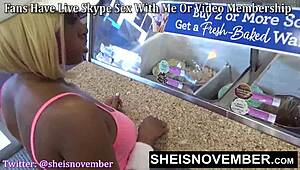 rough standing publicfuck by cosplaying ebony msnovember leads to sucking stranger's dick