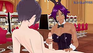 rukia and yoruichi in bunny outfits having intense sex