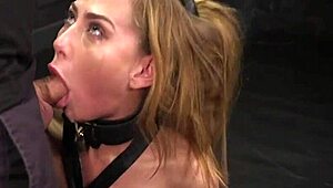 Bound slave endures deep throat banging with pain