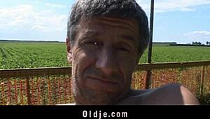 Old man licks and fucks young blonde in missionary on lawnmower