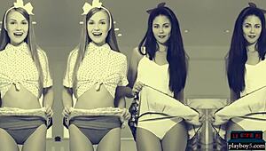 just saw two hot mini skirt teen models stripping each other down