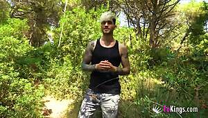 Blind outdoor date with brunette and horny dude.