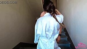 husband bangs neighbor hard on public staircase while wife sleeps