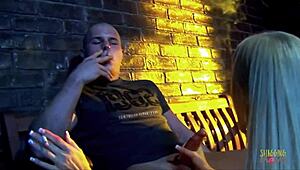 I, a MILF with big boobs in stockings, suck a dick and fuck in cowgirl at the bus stop, getting cum on face