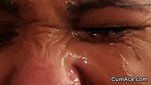 A sex-starved doll gets a facial with a load of sperm after giving a blowbang job
