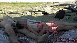 French Teacher Amateur Blowjob on Public Nude Beach with Cumshot