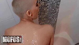 In the SHOWER, naughty babe PARIS AMOUR SUCKS SCOTT NAILS' MONSTER COCK and gets a LOAD of JIZZ.