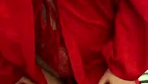 brunette feels pleasure in red lingerie touching her big tits