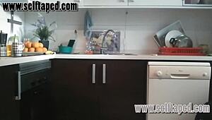 Sex in the hot couple's kitchen, blowjob and fucking with tits exposed