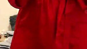 brunette feels pleasure in red lingerie touching her big tits